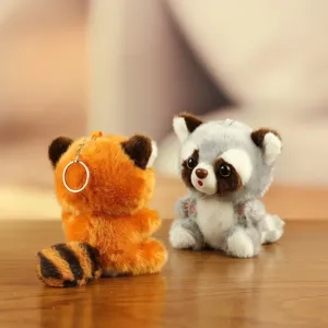 Cute red panda and raccoon plush toy keychains set, soft stuffed animal doll pendants for girls.