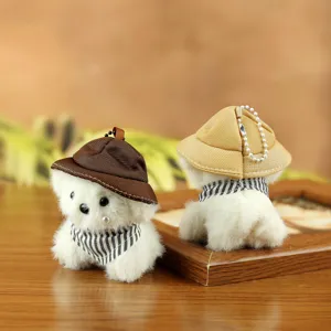 Schattige mini puppy pluche sleutelhanger met hoed en sjaal,zachte tasbedel speelgoed pop.