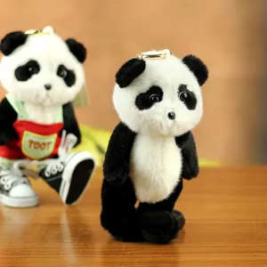 Cute panda plush keychain toy with metal ring, soft stuffed animal bag charm for daily use.