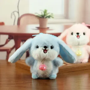 Cute fluffy bunny plush toy pendant with necklace detail, soft stuffed animal doll for gifts.