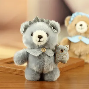 Schattige grijze pluche beren hanger knuffel met kraag en hoed voor tas sleutelhanger