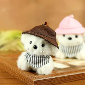 Schattige mini puppy pluche hanger met hoed sjaal, pluizige pop tas decoratie sleutelhanger.