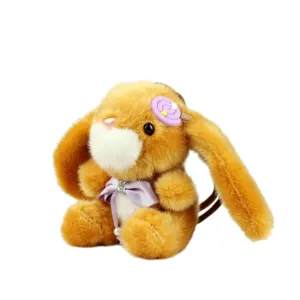 Lindo llavero de conejo de peluche y colgante de bolso con tierno lazo morado para regalo.