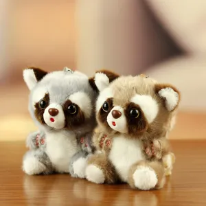 Cute raccoon plush toy keychain set, soft stuffed animal doll pendant for bags, keys and gifts.
