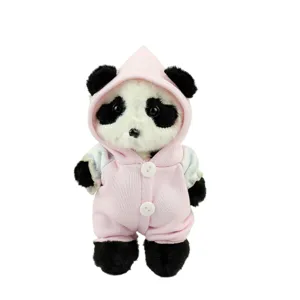 Cute panda plush toy doll wearing a pink hoodie with buttons, soft stuffed animal main image