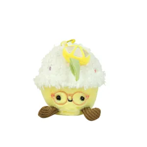 Simpatico portachiavi peluche cupcake al limone con occhiali rosa e piedini in corda.