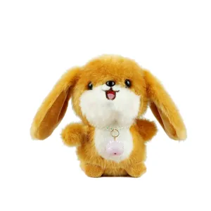 Cute brown floppy-eared plush rabbit toy with beaded necklace pendant, soft stuffed doll for gifts.