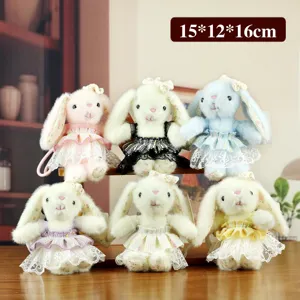 Plush bunny toy keychain with lace skirt, cute stuffed animal doll bag pendant gift.