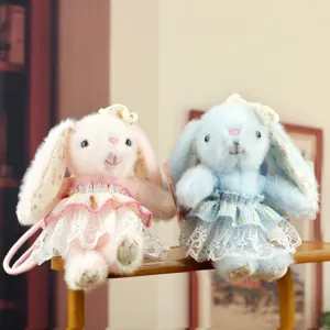Cute plush rabbit bag pendant with lace dress, soft stuffed bunny keychain for gift.