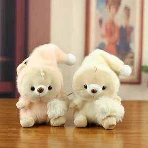 Cute sleeping hat bear plush toy keychain detail, soft stuffed doll pendant ornament for bags.