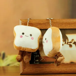 Plush toast key chain detail with cute embroidered face, soft texture and little legs.