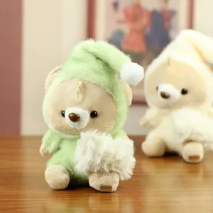 Cute sleeping hat bear plush toy pendant, soft furry material with green pajamas design.