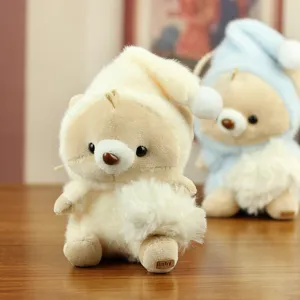 Cute nightcap plush bear pendant, soft stuffed animal toy keychain for bags and keys.