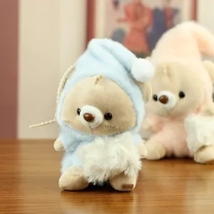 Cute sleeping cap bear plush toy pendant, soft stuffed animal doll keychain for bags and keys.