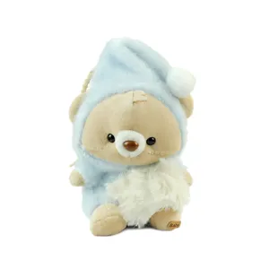 Cute blue sleeping hat bear plush toy pendant, soft stuffed doll bag keychain ornament.