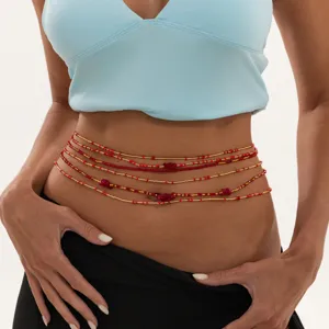 Chaîne de taille multicouche perles rouges et dorées style bohème bijou sexy de plage