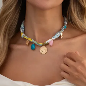 Bohemian silk scarf choker necklace with charms, versatile fashion jewelry for women.