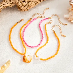 Boho colorful beaded anklet set with shell pendant beach vacation jewelry for women detail shot
