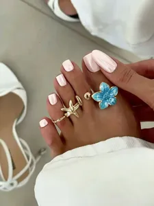 Conjunto de anillo de dedo del pie de flor y estrella de mar de playa de verano, joyería.