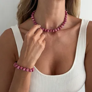 Rosa strukturierte Perlen Halskette und Armband Set für Damen, Sommer Freizeit Schmuck.