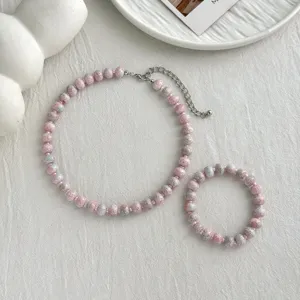 Rosa gesprenkelte Perlenkette und Armband Set für Damen sommerliche Freizeit Schmuck