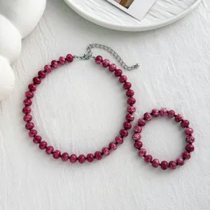 Lila Perlen Halskette und Armband Set, modischer Sommer Schmuck Accessoire für Damen Alltag.