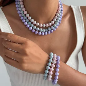 Mehrschichtige pastellfarbene gesprenkelte Perlenkette und Armband Set Sommer Mode Damen