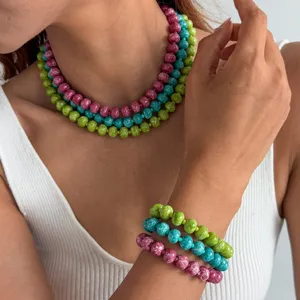 Buntes perlenbesetztes Halskette und Armband Set Sommer Freizeit passender Modeschmuck Damen