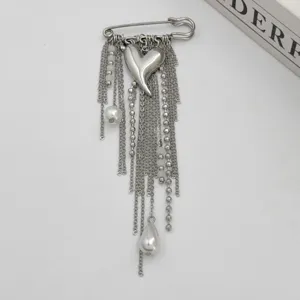 European American style metal safety pin brooch heart pendant tassel chains fashion jewelry