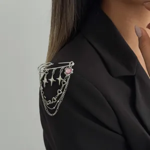 European style multi-chain safety pin brooch with pink heart and tassel design for women