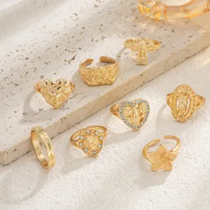 Gold ring set vintage irregular heart cross geometric jewelry accessories fashion style