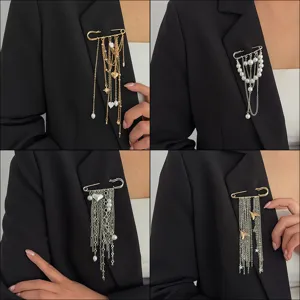 Fashion Western Metal Safety Pin Tassel Brooch Luxury Artificial Pearl Heart Pendant Brooch Pin Decoration For Women Party Banquet Jewelry