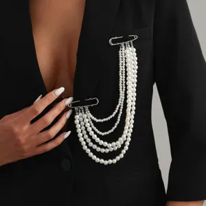 Fashion Multi-Layer Artificial Pearl Tassel Chain Brooch Alloy Rhinestone Safety Pin Shoulder Chain Jewelry For Banquet Party Women
