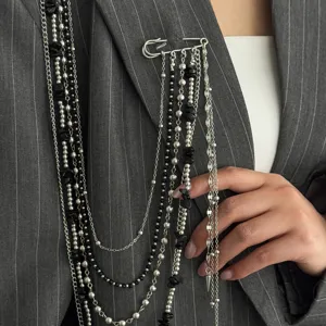 Multi-layer chain beaded safety pin brooch detail, gothic punk style suit jacket jewelry accessory