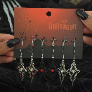 Halloween gothik kreuz ohrring set, silber und schwarz metall legierung mit strass steinen.