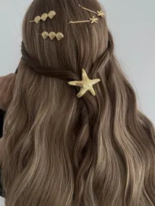 Gold seashell starfish hair clips set, beach ocean style metal bobby pins for women detail