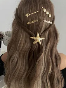 Gold starfish shell hair clip set detail, beach ocean style back head hair accessories