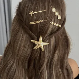 Gold starfish and seashell hair clip set elegant ocean style hairpin for women accessories
