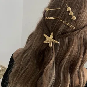 Gold starfish and shell hair clips set, ocean beach style chic hair accessories for women.