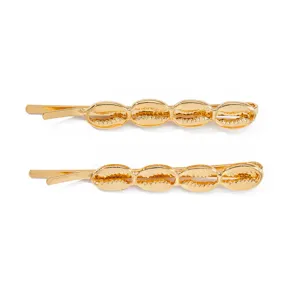 Gold cowrie shell hair clips, beach ocean style bobby pins for women hair accessories.