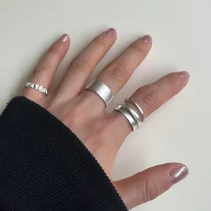 Matte frosted geometric silver rings set, multi-layer open fashion index finger jewelry for women.