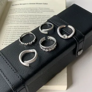 Exquisite detail of minimalist silver open rings set with unique irregular design for women.