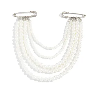 Multi-layer faux pearl brooch safety pin chain elegant women's fashion clothing accessory.