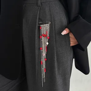 Metal Tassel Brooch Pin Detail View featuring Multi Chain and Red Beads for Women