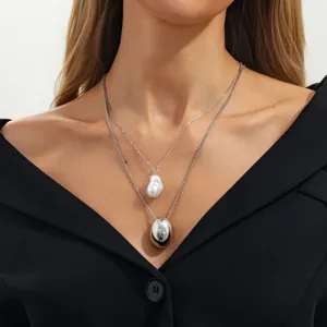 European American fashion layered necklace with baroque pearl and metal oval pendant for women.