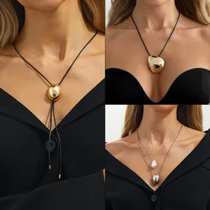 Minimalist Alloy Geometric Irregular Pendant Necklace Trendy Leather Cord Adjustable Long Chain Choker Necklace Artificial Pearl Double Layered Statement Necklace Jewelry For Women Daily Travel Wear Gift