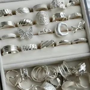 Silver rings set multi-piece adjustable open rings butterfly bow geometric jewelry