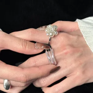 Sweet imitation pearl flower ring multi-layer open ring elegant index finger jewelry accessory