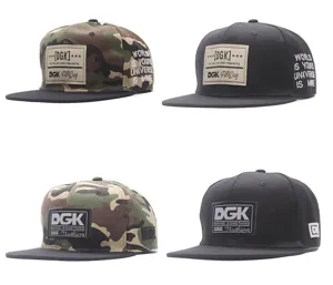 Camouflage and black flat brim baseball hats with custom embroidered patches and side text.