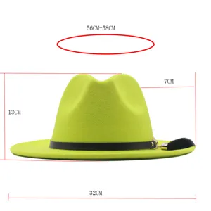 Damen Neongrün Wolle Fedora Hut mit schwarzem Gürtel und Feder Dekor, Größe 56-58cm.
